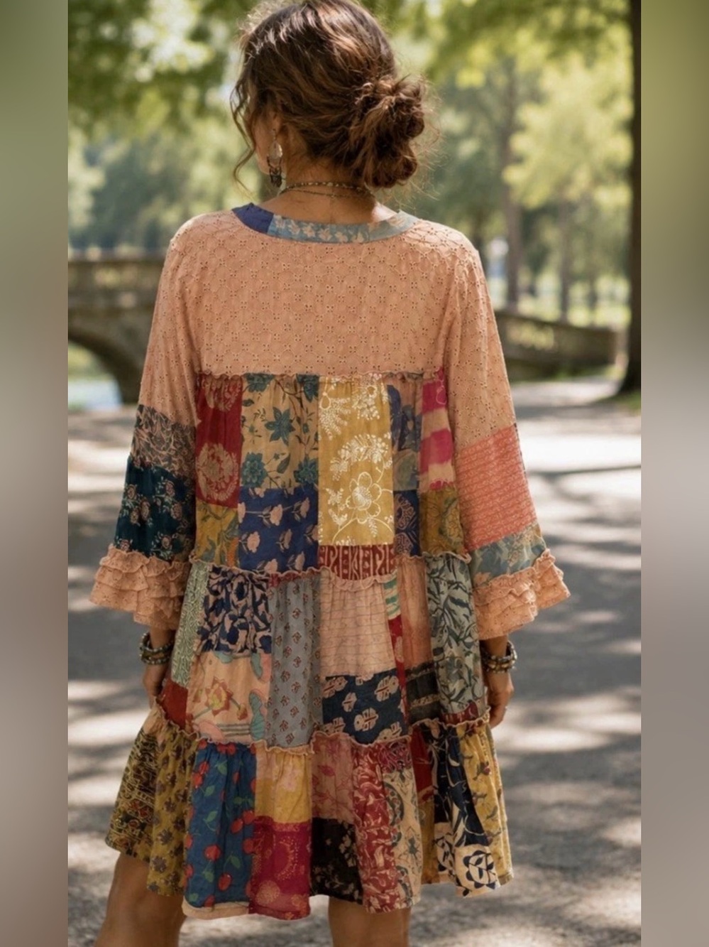 H071 New POL L ptp24 Patchwork Eyelet Mini Dress - Peach Multi - Picture 2 of 14